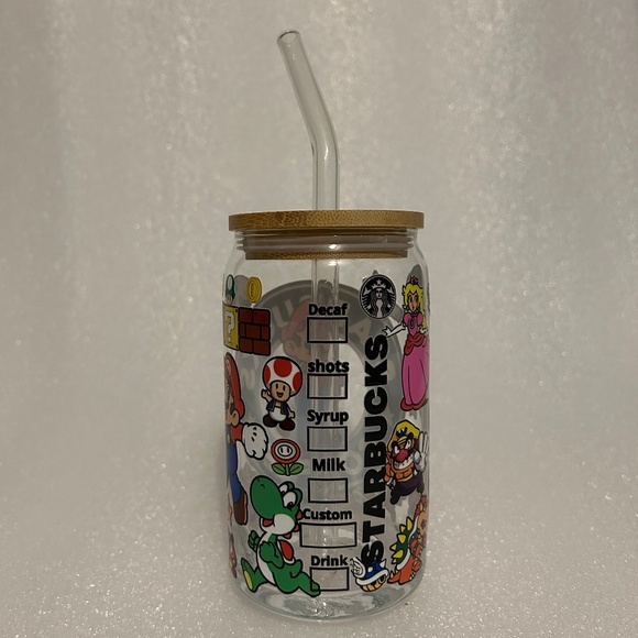 Super Mario Starbucks Glass Libby Cup w/ Lid and Glass Straw- 16oz - Picture 5 of 5